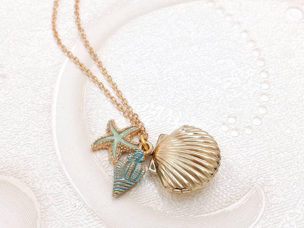 Seashell Locket Necklace- Gold Sea Shell Pendant Ocean Beach Ariel ...