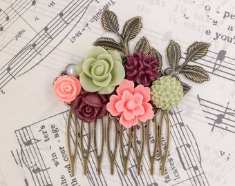Pink Coral and Spring Green Hair Comb Pink Rose Decorative Comb Wine Red Burgundy Country Floral Comb Woodland Spring Wedding Bridal Gift