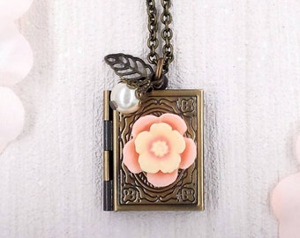 Book Locket Necklace Blush Pink Flower Locket Pendant Pearl and Leaf Necklace Romantic Vintage Style Rustic Jewelry Wedding Keepsake Gifts