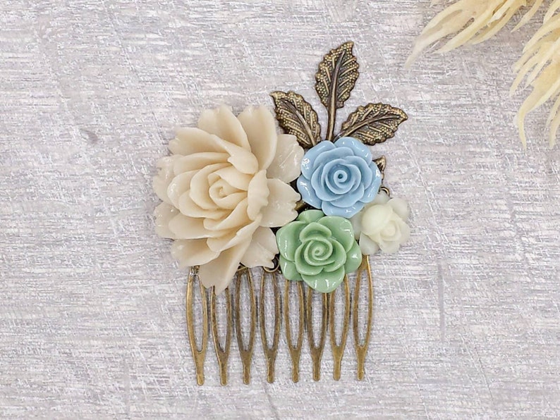 Ivory Rose Bridal Comb Sage Green Baby Blue Cream White Floral Collage Comb Vintage Style Rustic Country Wedding Farmhouse Bontanical Flower