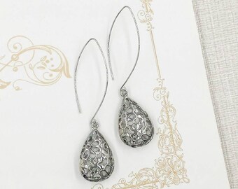 Silver Floral Lace Drop Earrings, Silver Filigree Teardrop Earrings, Boho Modern Pear Earrings, Wedding Bridal Bridesmaid Mom Gift for Her