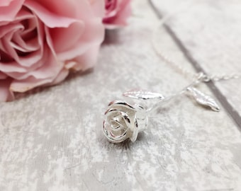 Rose Necklace, Silver Rose Pendant Necklace, June Rose Flower Jewelry, Valentine Wedding Birthday Mother's Day Gift for Her