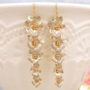 Gold Flower Earrings Cascading Floral Long Dangle Earrings Dogwood Orchid Feminine Nature Statement Jewelry Wedding Birthday Gift