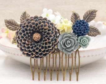 Navy and Gold Hair Comb Dark Blue Flower Comb Gold Tipped Blue Peony Dahlia Hair Comb Something Blue Wedding Bridal Bridesmaids Gift