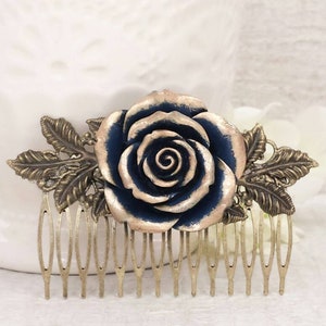 Navy Blue Bridal Hair Comb Blue and Gold Rose Hair Slide Something Blue Vintage Garden Wedding Decorative Comb Bronze Leaf Hair Accessories
