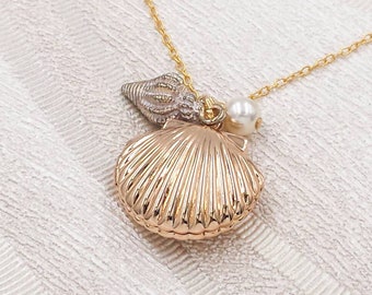 Seashell Locket Necklace, Gold Sea Shell Pendant Necklace, Ocean Beach Jewelry, Ariel Little Melody Mermaid Wedding Keepsake, Gift For Her