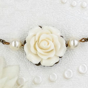 Ivory Rose Necklace Flower and Pearl Necklace Cream White Pearl Jewelry Vintage Inspired Romantic Wedding Bridal Bridesmaids Gifts for Her