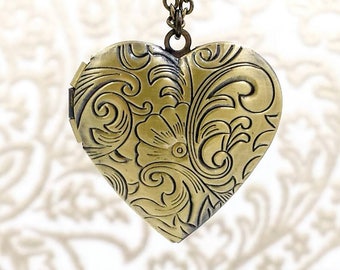 Heart Locket Necklace, Floral Locket Picture, Brass Locket Necklace, Vintage Brass Locket, Flower Locket Necklace, Gift For Her