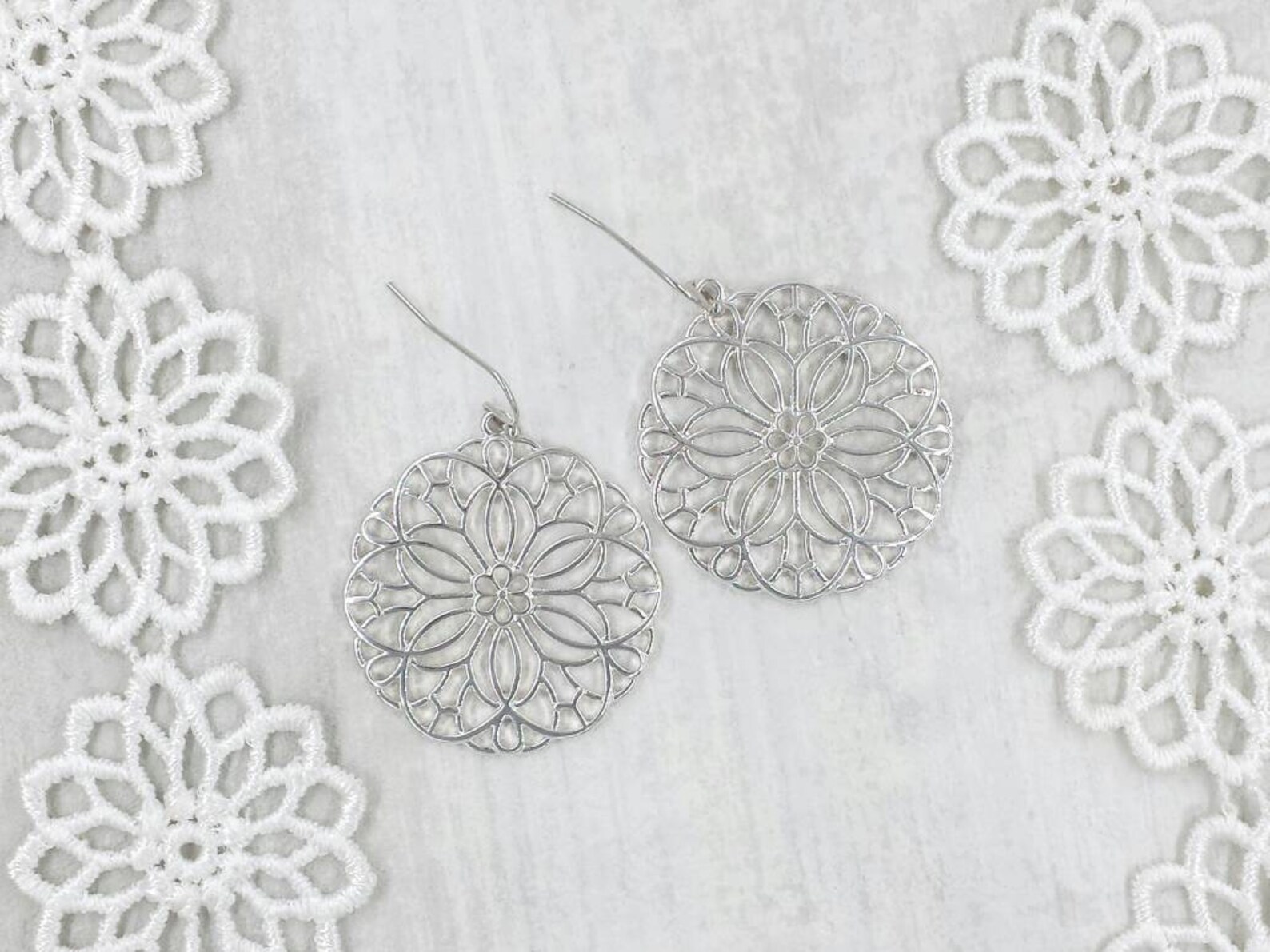 Silver Flower Earrings Silver Floral Lace Filigree Earrings Etsy