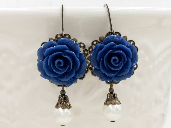 Navy Blue Rose Earrings Dark Blue Flower Cream White Pearl 