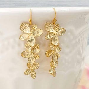 Gold Orchid Earrings, Matte Gold Cascading Orchids Flowers Drop and Dangle Earrings, Wedding Jewelry, Bridal Bridesmaid Gift For Her