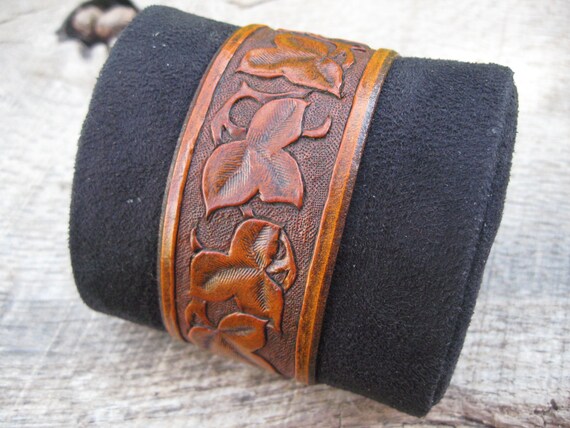 Mens Leather Cuff Bracelet with Hand Tooled Ivy Leaf design | Etsy