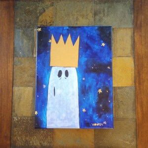 May include: A white ghost wearing a gold crown against a blue background with gold stars. The painting is signed "Hooper" in the bottom right corner.