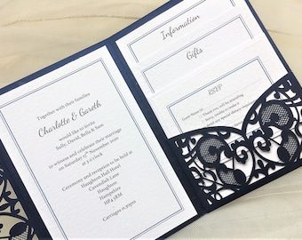 Navy Blue Laser Cut Pocketfold Wedding Invitations -SAMPLE