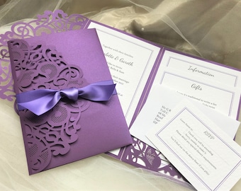Purple Laser Cut Pocketfold Wedding Invitations -SAMPLE
