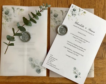 Eucalyptus Vellum Cover Wax Seal Invitations - SAMPLE