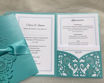 Aqua Green Laser Cut Pocketfold Wedding Invitations -SAMPLE