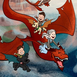Cartoonized family on dragons portrait, custom illustration, digital drawing, artist for hire