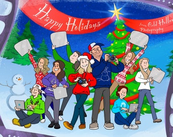 Custom company Christmas cards 2023 - team holiday card - winter family portrait - personalised digital illustration -