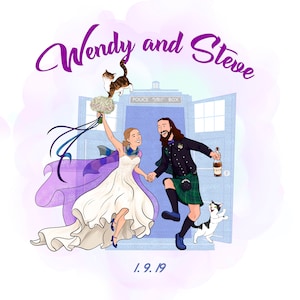 Réservez la date personnalisée, faire-part de mariage dessin animé, livre d'or alternatif, portrait de couple, dessin numérique, 1er anniversaire de mariage