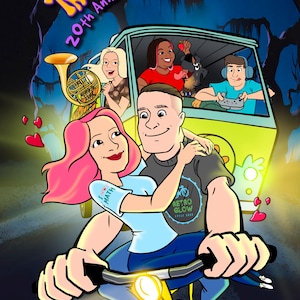 Custom Aniversary invitation, Cartoon family portrait,  hand-drawn poster, gift for wife or husband, digital group portrait with pets