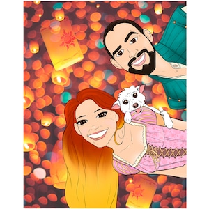 Retrato de pareja de dibujos animados, regalo del 1er aniversario de boda, ilustración imprimible, retrato familiar personalizado a partir de la foto, retrato de niños de dibujos animados