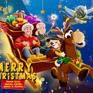 Cartoon Familie Illustration, Weihnachtsgeschichte Karte, druckbare Karte, digitale Familie Zeichnung, Künstler zu buchen