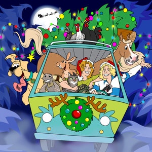 Cartão de Natal da Califórnia, retrato de grupo de desenho animado, retrato de família com animais de estimação, desenho de Halloween, ilustração digital, presente de aniversário