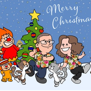 Cartão de férias de inverno personalizado, ilustração de amendoim de Natal, retrato de família, desenho de desenho animado personalizado