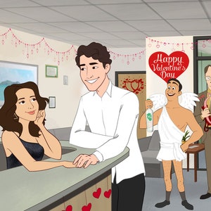 Benutzerdefiniertes Büro Porträt, personalisiertes Hochzeitsgeschenk zum 1.Jahrestag für Frau, digitales Familien Porträt Illustration, Cartoon Paar Illustration