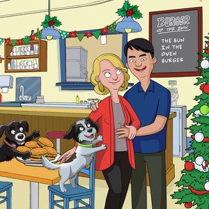 Baby Ankündigung Weihnachten Idee, Digital Cartoon Familienportrait vom Foto, Schwangerschaft Überraschung für Mann, Geschenk für werdende Mama zu sein