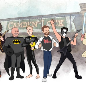 Retrato de grupo de super-heróis, equipe de presente, arte comissionada, presente de padrinho personalizado, presente de pai, ilustração digital de desenho animado, artista ucraniano