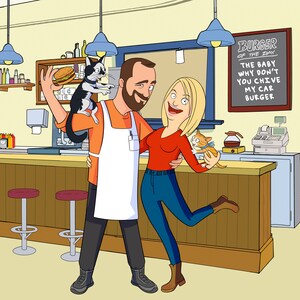 Retrato de pareja de dibujos animados con mascotas, regalo de San Valentín para prometido, regalo de aniversario para novia, retrato imprimible, ilustración digital