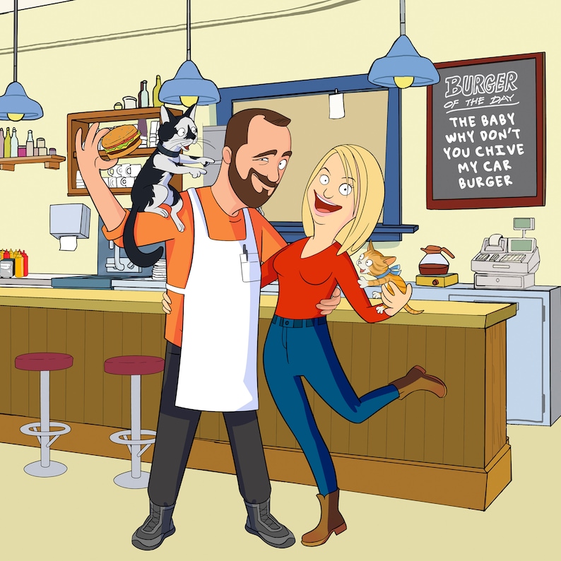 Cartoon Couple Portrait With Pets Valentine Gift for Fiancé | Etsy