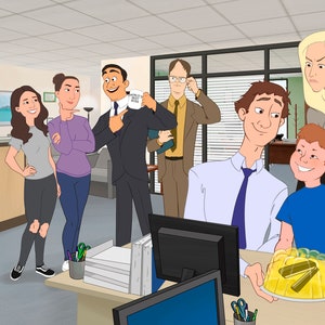 Ilustración de grupo de dibujos animados, retrato de The Office, retrato familiar digital, artista contratado, regalo para el jefe, regalo de despedida, despedida de un compañero de trabajo