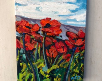 Original 9x12 inch Acrylic Painting - Poppy Floral landscape - we remember