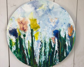 ORIGINAL - Floral - Encaustic - 16 inch round - A present for you