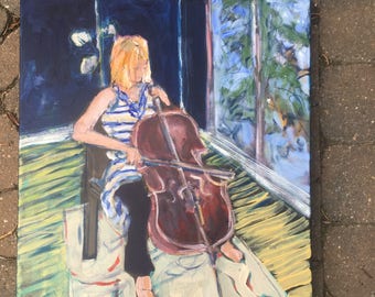 16x20 inch Original Acrylic Figurative Music Instrument (cello) Painting on Canvas (ready to hang) - 'Allegro'