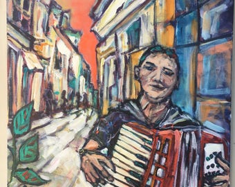 20x20 inch Original Acrylic Figurative Musical Instrument Accordion Painting on canvas (ready to hang) - 'Big dreams'