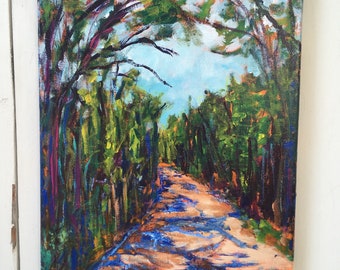 12x16 inch Original Acrylic River valley Edmonton Alberta Canada landscape on canvas // tree lined trail - 'off leash and loving it'