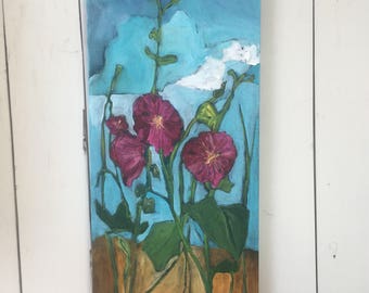 12x24 inch Floral Original Painting on canvas by Alberta Artist Angela Stadlwieser - 'Lost in summer day dreams' (Hollyhock flowers)