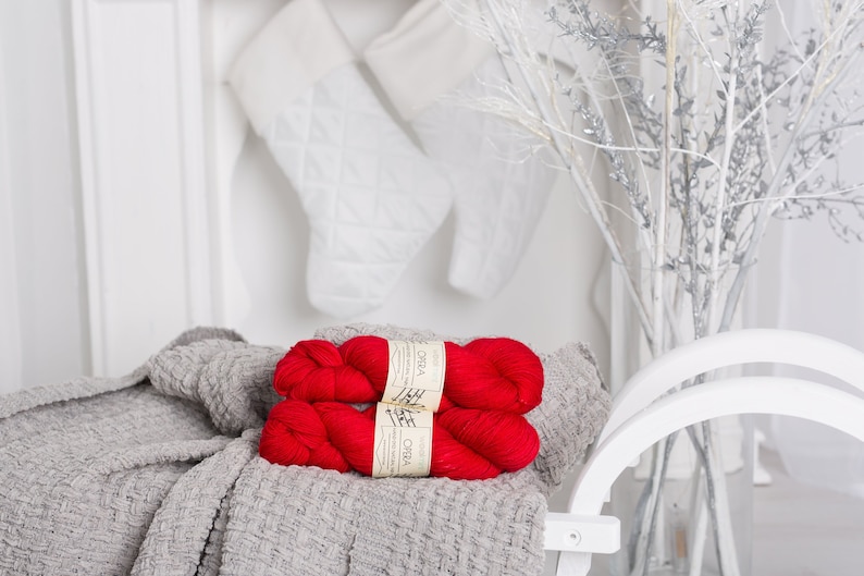 Christmas yarn hand dyed semi-solid sock yarn in special Christmas 2018 colorway Christmas Red holiday yarn