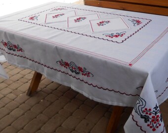 Handmade Embroidered Tablecloth & Napkins Set: Cottage Chic Cherry Blossom