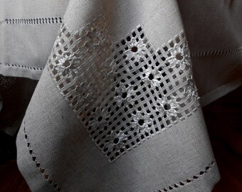 Handmade Gray Linen Tablecloth: Silk Embroidery, Cottage Chic