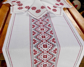 Handmade Embroidered Table Runner and Napkins: Ukrainian Ornament, Red and Black Threads