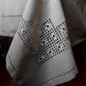 Gray linen hardanger  table cloth, handmade natural linen cloth, OOAK table cover, silk embroidery,  country style, cottage chic,