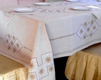 Gray Linen Tablecloth with Silk Embroidery & Napkins: Hand Embroidered Holiday Decor
