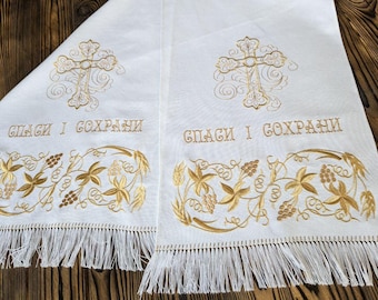 Wedding Icon Towel with Golden Embroidery – Blessing Rushnyk for Newlyweds – Slavic Handmade Ritual Cloth