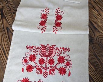 Embroidered Linen Table Runner: Red Folk Boho Decor