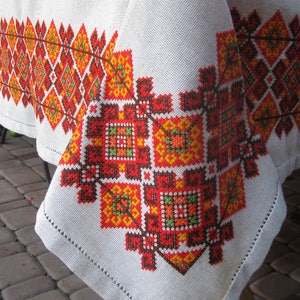 Ethnic gray linen tablecloth Sacred geometry tablecloth Hand embroidery Colorful tablecloth farmhouse Mexican tablecloth Country table decor